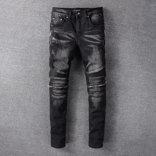 Black slim-leg motorcycle jeans