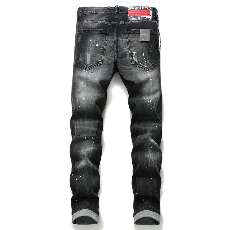 Black Ash Paint Broken Hole Maple Jeans Male