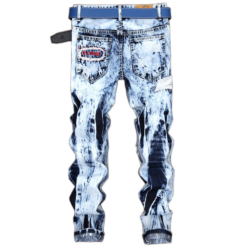 Light-Colored Jeans Men'S European And American Embroidered Hole Patch Color Matching Trendy Pants Straight-Leg Jeans