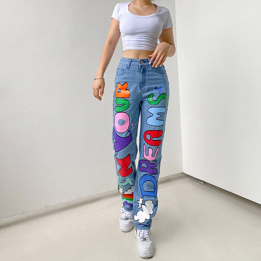 Sexy Contrast Color Letters Graffiti Print Loose Jeans