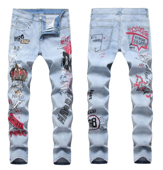 High Street Hip-Hop Ripped Print Stretch Jeans