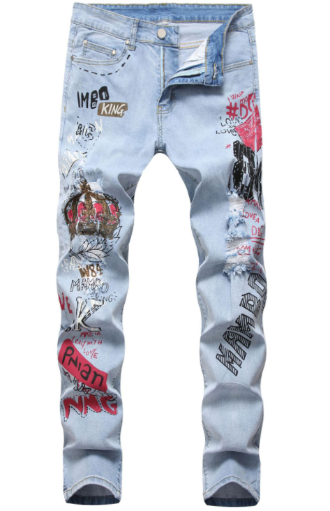 High Street Hip-Hop Ripped Print Stretch Jeans