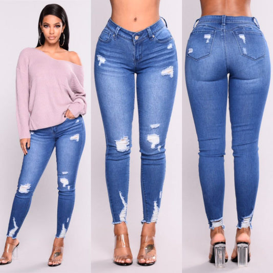 European And American Stretch Ripped High-Waisted Jeans
