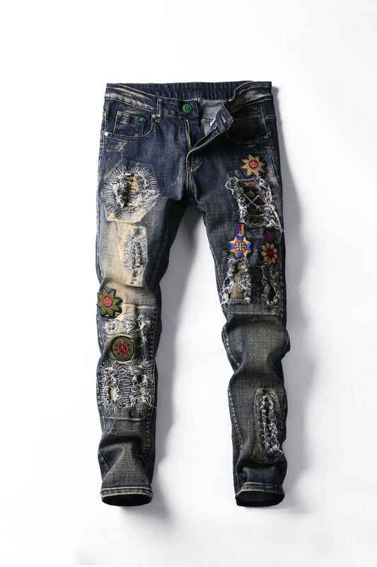 Fashion Retro Embroidery Ripped Jeans
