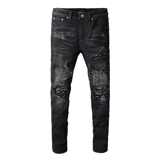 Knee Pleated Black Cashew Leather Zipper Jeans