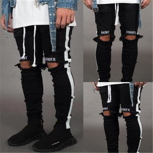 Denim trousers black male ripped jeans