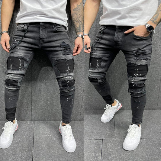 Men's Fashion Torn Patch Skinny Jeans