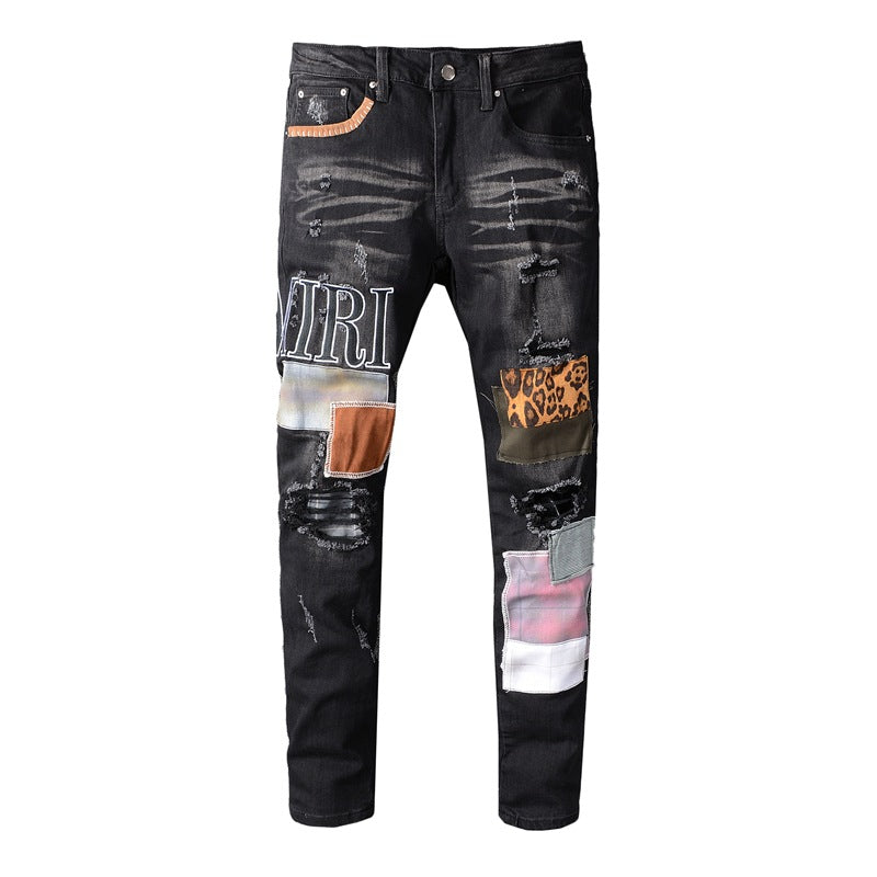 Men's High Street Brand Patch Embroidered Stretch Slim Jeans