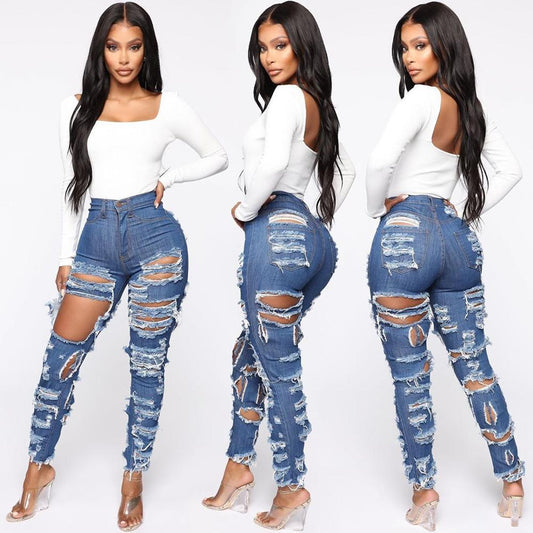 Women's Fashion Cut And Tear Stretchy Calf Jeans