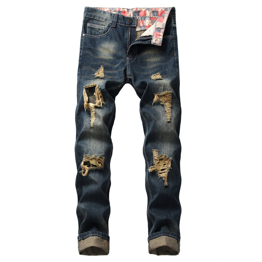 Hole-cut slim straight jeans