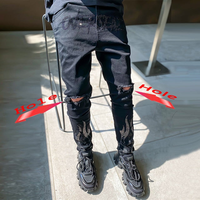 Mans Stretchy Black Jeans Skinny Slim Fit Hot Drill Punk Streetwear Biker Trousers Man Rhinestone Hole Letter Denim Pencil Pants