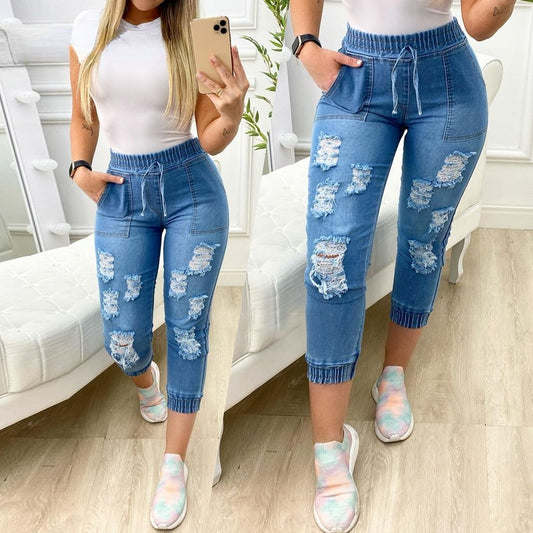 European And American Women's New Blue Ripped Jeans